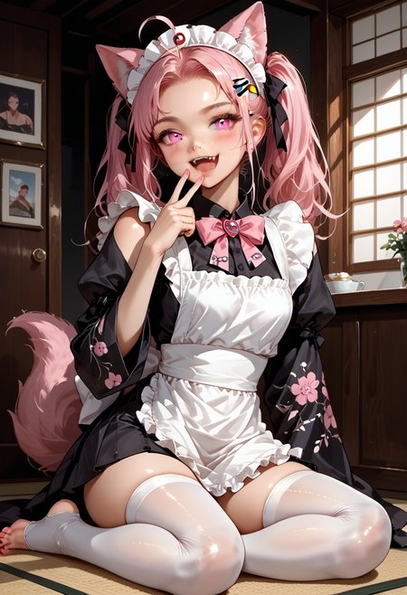 morimee_style, rating_safe, Iberian wolf, 1girl, cute, sexy, (glowing pink eyes, glowing pink toenails:1.3),NSFW,source_photo,rating_explicit,source_illustration Expressiveh\nBREAK,(by li:0.8), ultra detailed, high quality, high resolution,natural skin texture, 8k, High Definition, realistic skin, fine pores,photo, (by H. R. Giger|norman Rockwell:0.9), 1girl, wolf girl, cutest girl,EyesHD, bright hazel eyes, high gradient eyes, looking_at_viewer, blush, wolf_tail, legs, Makeup, eye liner blushing, seductive, cute smile, smug smile, exceptionally cute and sexy, one_eye_closed, animal_ears, arm_up, tail, thighhighs, solo, hand_to_own_mouth, apron, open_mouth, maid_headdress, feet, soles, ahoge, no_shoes, long_hair, twintails, japanese_clothes, wa_maid, animal_ear_fluff, white_hair, hair_ornament, white_thighhighs, kimono, tail_censor, detached_sleeves, armpits, virtual_youtuber, floral_print, red_eyes, fang, white_apron, frills, convenient_censoring, yawning, toes, pink_eyes, wide_sleeves, hairclip, smile, thighs, hair_bow, bow, Sharp detailed high quality image style,intricate skin, soft lighting, ultra detailed, photographed on a Panasonic Lumix GH6, FE 35mm lens, F1.4, 90s4n1m3, reij-blckprlglss