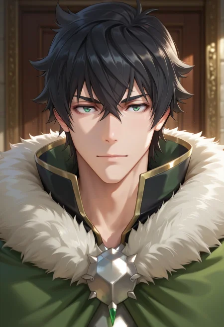 masterpiece, best quality, intricate details, (photorealistic:0.6), looking at viewer, 1boy, solo, male focus, <lora:naofumi_iwatani_ilxl:1>, naofumi_iwatani, black hair, green eyes, short hair, hair between eyes, bangs, green cape, fur trim, ,