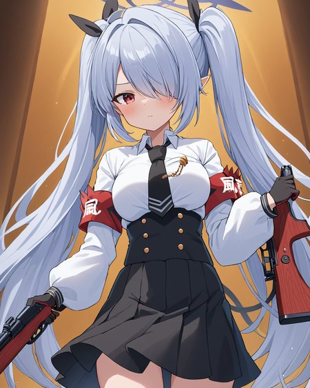iori \(blue archive\),1girl, solo, twintails, hair_over_one_eye, black_necktie, black_skirt, black_gloves, long_sleeves, bolt_action, white_shirt, holding_gun, armband, hair_ribbon, looking_at_viewer, demon_tail, black_ribbon, collared_shirt, dark-skinned_female, breasts, pleated_skirt, closed_mouth, high-waist_skirt, blush, halo
<lora:iori_(blue_archive)_image2795_2023-11-27-000009:1>halo. gorgeous,key visual, vibrant, studio anime,award-winning, professional, highly detailed,high budget, cinemascope
