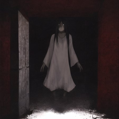 ((masterpiece)),(best quality), absurdres,sadako_yamamura,red eyes, white dress,<lora:Sadakobest:0.8>,  <lora:death2HorrorLocon_v10:0.7>,horror (theme),dark, 1girl,night, dark, vanishing point,