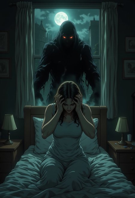 illustration, cartoon, manga, drawing, anime, egmid, 
A terrified woman sits upright in bed, clutching her head with trembling hands, as an oppressive atmosphere fills the dimly lit room. Pale moonlight filters through the window, casting cold shadows on her disheveled sheets. Above her, a menacing, shadowy figure looms, its dark, wispy form blending into the surrounding darkness. Glowing, sinister eyes pierce through the gloom, fixating on the distressed woman with an unsettling intensity. The air around the figure swirls with ethereal tendrils of mist, adding to the eerie, supernatural presence. The scene radiates dread and despair, as the nightmarish apparition engulfs the room, leaving the woman frozen in fear and helplessness.