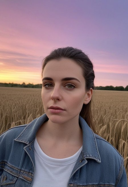 30yo american woman in a wheat field
Small eyes. Brown eyes.
Wearing ripped Denim jacket
no makeup. Clear skin.  realistic skin style
Long dark black slick back hair. No makeup. Dusk, Street light. Looking at camera POV. Slight smile, tilting head.. Tilt head. Hands in head, face, lips.
Medium Close Up shot. Bokeh. Bokeh light. Sunset. yellow, purple sky.