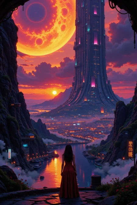 a futuristic sci-fi fantastic cyberpunk city beautiful  landscape, dusk, woman, very intricate, very detailed, sharp, bright, colorful, <lora:Hand v2:0.5> <lora:Anti-Blur:1><lora:Insane Detail Slider:0.25>  <lora:flux.1_lora_flyway_Epic-detail_v2:0.3> <lora:fluxenhancer:0.25> <lora:Anime_style:0.6> anime style