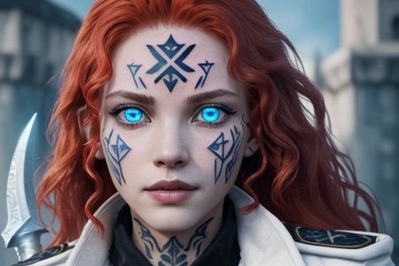 bright red hair, human female, (feminine:1.7), (beautiful face, detailed face:1.6), (beautiful eyes, detailed eyes:1.7), (looking at viewer, eye contact, intense:1.6), (long hair, red hair, curly hair:1.3), , ((masterpiece, best quality, high resolution, realistic, best quality,)), photo realistic, Perfect Face, (detailed face). <lora:GoodHands-vanilla:0.6> <lora:add-detail-xl:0.8>, mage, (Dress White military uniform coat), dagger, rune dagger, glowing runes, , (((glowing magic symbols tattoos, religious tattoos))), ((face tattoos)), glowing tattoos, stone tower in the background