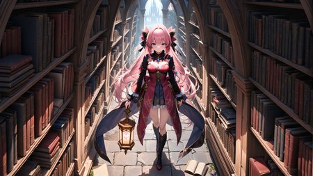 full body,from_above,top view angle,<lora:hakaseayaka-base-02-XL:0.6>,hakaseayaka,braided hair,bangs,high detailed,ultra-detailed,a magical girl wearing a red and black robe,with pink long hair and blue eyes,searching for books inside a vast,dark,ancient castle library,8k,towering bookshelves filled with old,dusty tomes,dim candlelight casting flickering shadows,glowing magical runes floating in the air,mysterious mist creeping along the stone floor,gothic arches,enchanted atmosphere,focused expression,scattered ancient scrolls,faint glimmers of light reflecting off metallic book spinesCinematic Lighting,((masterpiece)),((best quality)),absurdres,<lora:detailed_notrigger:1>,<lora:xl_more_art-full_v1:0.8>,