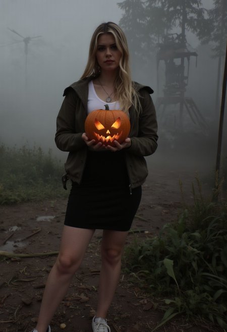 'young woman, 18 yo (european:1.6) girl , grey eyes, slim, small breasts, skinny, thin, petite blonde, grey eyes, long hair, dark eyeliner, natural lip color, white top, jacket, pencil miniskirt, nylon tights, sneakers, seductive pose. Girl standing seductive, holding halloween pumpkin. Pumpkin glowing. The background shows  twisted carnival ride lost in the fog, aidmasilenthill