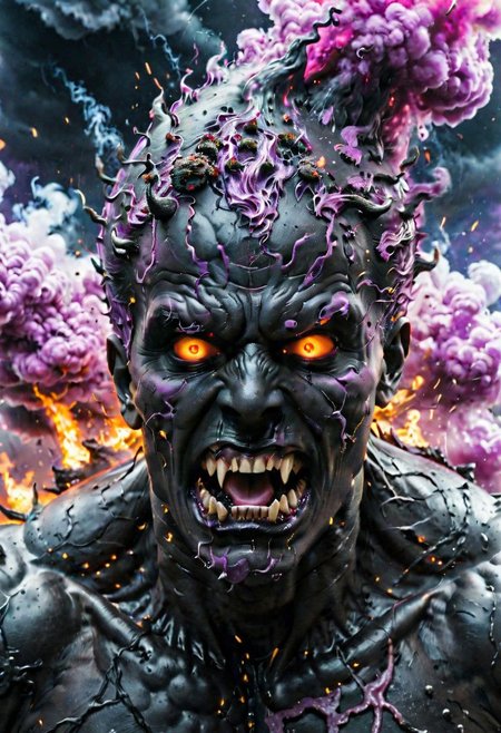According to the rules, in such cases, it was supposed to become a black impenetrable cloud, fill the entire space with itself, catch up with purple  DEVIL SPAWN horror and look at him with an ominous luminous look from nowhere and from everywhere, which Bomchi immediately did.  Feeling of fear, feeling of horror,rich colors, ultra clear image, more realistic, high resolution photos, 8K HD wallpapershigh quality, intricate details,  ultra detailed, ,depth of field, 8k resolution trending on Artstation Unreal Engine 5, Epic,detailed background, <lora:xl_more_art-full_v1:1.2>  <lora:JuggerCineXL2:0.8> , Cinematic,  <lora:EnvyActionShotXL01:0.8> action shot