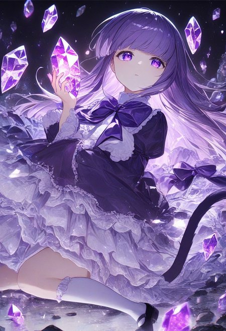 cinematic, (masterpiece), (best quality), (ultra-detailed), very aesthetic, illustration, perfect composition, ultra detailed face, detailed eyes, beautiful eyes, beautiful, frederica bernkastel, purple eyes, purple hair, long hair, purple bow, dress, frills, white kneehighs, kneehighs bow, mary janes, cat tail, tail ornament, emotionless, rocks made of sparkling amethyst crystals, holding sparkling amethyst crystals, black background,reflections of frederica bernkastel in crystals