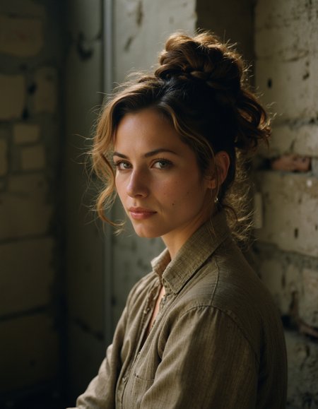 an hispanic woman,Chignon,two-tone hair,establishing shot,Eastern State Penitentiary USA,(masterpiece best quality ultra-detailed best shadow amazing realistic picture),Kodak gold 200,loop lighting,<lora:real-lora:1>