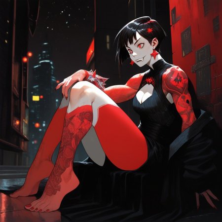 score_9, score_8_up, score_7_up, score_6_up, score_5_up, score_4_up, masterpiece, high detail, zPDXL2, 1girl, solo, pale skin, red eyes, black hair, short hair, bangs, cleavage, 2 fangs, earrings, legs, feet, mid drift, city, night, stars, sitting, sleeveless, arm tattoos,