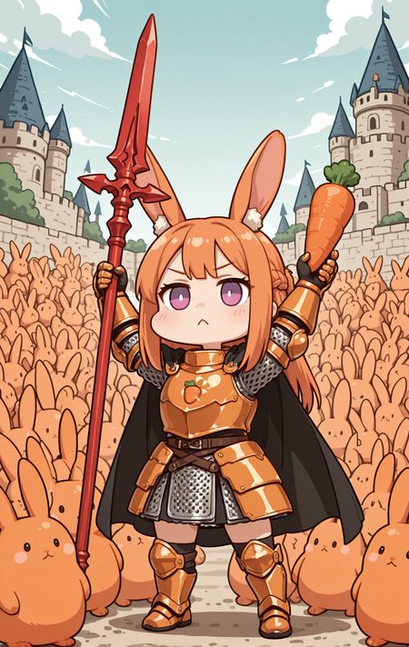 masterpiece, (ultra detailed), sharp details, 1girl, full body, castle background, orange armored rabbit army, carrot theme, holding carrot spear, planted spear, breastplate, carrot armor, orange and black armor, gauntlets, chainmail, black cape, carrot print, rabbit army arms up,<lora:illustriousXL_stabilizer_v1.23:1> <lora:NOOB_vp1_detailer_by_volnovik_v1:1> <lora:nineface-chibi-noob1-5:1> chibi <lora:S4bit4mago:0.7> S4bit4mago_illu,, french braid, long hair, purple eyes, orange hair, straight hair, orange rabbit ears,
