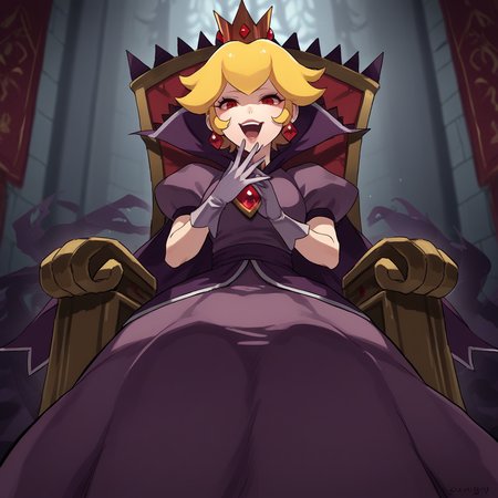 score_9, score_8_up, score_7_up, score_6_up, score_5_up, score_4_up, zPDXL2,source_anime,rating_questionable,  <lora:Shadow_Queen_Peach:0.8> sh4dp3ach, princess peach, blonde hair, short hair,red eyes, low angle, purple dress, puffy short sleeves, white gloves, cape, crown, jewelry, red eyes, shadowy hands, throne, laughing, evil laugh, legs crossed, lounging,