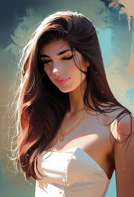 score_9, score_8_up, score_7_up, score_6_up, source_cartoon, 1girl, female, solo, femenine, petite, lean, pale skin,, soaking wet hair, smile, diaphonous white dress, bronze necklace, medium breasts, female focus, official style, close up, perfect anatomy, perfect face, standing,  abstract beauty, beautiful, centered, looking at the camera, approaching perfection, dynamic, moonlight, highly detailed, watercolor painting, artstation, concept art, smooth, sharp focus, illustration, portrait