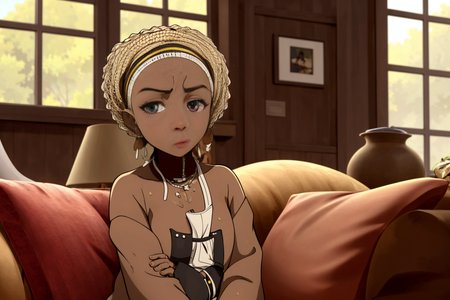 a Hausa (Nigeria and surrounding countries) 39 years old woman Blonde Wet Look, sitting in a couch in the living room, well draw eyes and eye pupil , EdobBoondocksArtStyle  <lora:EdobBoondocksArtStyle_v1.0:0.8>