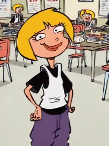nazz, lips, white vest, 1girl, black t-shirt, solo, blonde hair, short hair, purple pants, smile, bob cut, ,looking at viewer,hand on own hip,   <lora:Smooth Anime Style LoRA XL:1> <lora:NazzPony1.0:1>