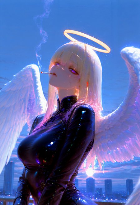 HDR, 8K, high contrast, masterpiece, best quality, amazing quality, very aesthetic, superabsurd res, high resolution, ultra-detailed, absurdres, newest, scenery, (horikoshi kouhei:0.3), (quasarcake:0.3), (wlop:0.3), lightrays, chiaroscuro, dynamic angle, 1girl, blonde hair, angel, angel wings, white wings, glowing wings, yellow halo, purple eyes, empty eyes, traumatized, upper body, cigarette, smoking, looking at viewer, huge wings, tall wings, folded wings, bags under eyes, half-closed eyes, dark eyes, pastel colors, detailed, (nakamura_regura:0.45), (ningen mame:0.45), (laserflip:0.45), (shpo:0.50), outdoors, outdoors, tokyo, cityscape, (dawn), sun, blue sky, bright, 7481llu, dust, (light particles:1.55), godrays, crack of light, backlighting, partially illuminated, Intricately designed, Mysterious Shadows, BREAK, photorealistic, beautiful detailed eyes, detailed skin, detailed hair, volumetric lighting, dappled light, light particles, dramatic shadows, cinematic lighting, photo background, depth of field, <lora:ponyxl\cfg_scale_boost:0.7> <lora:IL\748cm_illu:0.8> <lora:IL\unitynaystyle:1>