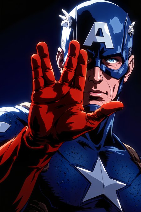 Captain America on a motivotional poster. He is giving a v-shaped vulcan salute hand gesture with fingers parted between the middle and ring finger and with extended thumb.Fantastic lighting. Detailed shadows.intricate details, vivid colors, hyper-detailed, ultra-sharp<lora:VULCANSALUTE_FLUX:1.3><lora:RetroAnimeFluxV1:0.3><lora:NeonFantasyFLUX:0.3>