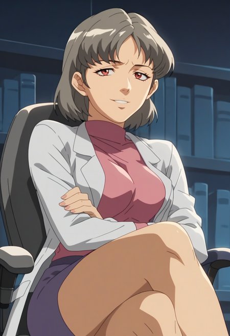 score_9, score_8_up, score_7_up, score_6_up, anime screencap, anime coloring, <lora:TheUrotsukiMob1_epoch_9:0.9>, UNSRS, 1girl, solo, grey hair, medium hair, red eyes, breasts,
lab coat, pink turtleneck, purple pencil skirt,
crossed legs, sitting, seductive smile, seductive pose, swivel chair, 
BREAK night, office, bookshelf, dark background,