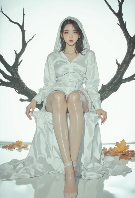 pingtu style, illustration-fen. a striking woman against a glowing white backdrop. the stunning woman is tall, with pale skin and red lips. she wears an elegant hooded gown, made of white satin, clinging to her slender figure. her hood is partly pulled back, revealing shoulder length black-white hair. the woman's attitude is mysterious and sensual. she wears ankle heels. she sits legs spread on a sculpture, resembling an abstract tree branch, growing from the floor in an half arc, serving as a seat, the material pitch black. the white glowing floor is covered with autumn leaves. the overall mood is mysterious and cryptic.
the backdrop is glowing white and illuminates the scene with diffuse lighting, creating a slight ethereal glow around the woman. the key lighting highlights the fabrics and details of the woman and the sculpture.
the image overall is a hyper detailed and realistic, creating an breath-taking fashion shot.