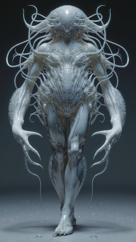 4byss, A humanoid whose form appears to be made of living sonar waves. Its surface constantly ripples with sound patterns that induce complex hallucinations in nearby creatures. Instead of walking, it phases between spaces while leaving behind perfect copies of itself made of compressed water molecules that slowly dissolve into the surrounding environment.