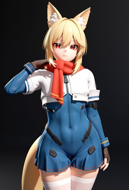 score_9, score_8_up, score_7_up, 1 girl, solo, nagantDef1, blonde hair, medium hair, red eyes, blue jumpsuit, two-tone jumpsuit, white jacket, cropped jacket, short over long sleeves, red scarf, white thighhighs, brown gloves, fingerless gloves, thick hips, cowboy shot, looking at viewer, fox ears, fox tail, 3D