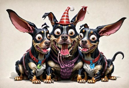 photorealistic high details, siamese twins fleshmutant skinny fuzzy baby mooron mad random color smiling lady dobermann full tail and full ginormous ears, shortest legs, high with meth, striped black and white, dog abomination with huge eyes , wearing an italian fancy hat,art by pixar , biotech inserts, fighting a big rabbit hidden in a hole in the big yellow wall, all inside an italian gim <lora:Fleshmutant_R2-000003:1>