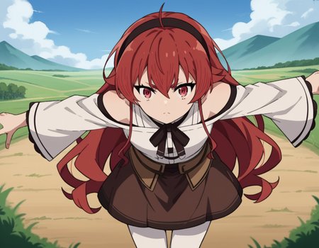 score_9, score_8_up, score_7_up, source_anime,
erisgreyrat, <lora:eris-boreas-greyrat-s1-ponyxl-lora-nochekaiser:1>,
eris greyrat, ahoge, hair between eyes, long hair, red eyes, red hair, sidelocks,
black hairband, black ribbon, brown skirt, hairband, long sleeves, neck ribbon, pantyhose, ribbon, shirt, shoulder cutout, skirt, white pantyhose, white shirt, wide sleeves,
outdoors, landscape, farm, bent over,
looking at viewer, dutch angle, cowboy shot,