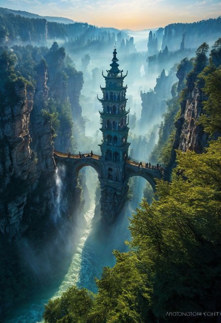 towers ringed in mist, sunrays, mixed media, surrealism, fantasy, great lighting, A surreal landscape highly detailed, extremely high-resolution details, appears trapped in an optical illusion of reflections and refractions colorful, Zhangjiajie mountains,  Vienna in contemporary Austria, baroque architecture, stone bridges, winding rivers extending to the horizon, professional photography, natural lighting, volumetric lighting maximalist. vivid, vibrant colors, intricately detailed, complex, elegant, expansive, fantastical, film photography style, medium grain, cmnt
 (8k uhd:1,4)