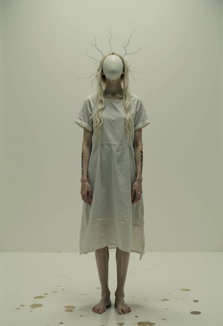 A flat, endless space. No texture, no floor—just a muted canvas of soft light and soft nothing. Floating above the ground by inches: a barefoot figure in a hospital gown, face obscured by a loose halo of white hair that falls like liquid static. She doesn’t move. She doesn’t need to.
Instead of a face, she wears a single, featureless ceramic oval—perfectly smooth, reflecting nothing. No eyes, no mouth. But there’s something underneath. You feel it. A presence—not malevolent, not kind, just… watching.
Her arms hang weightless at her sides. Fingers long, uncannily still. On the inside of each forearm: looping text written in unknown script, glowing just faintly, like the dying battery of something ancient.
Above her head: a ring of static pixels, orbiting like a broken halo, sparking faintly with glitchlight every few seconds. No sound. No hum. But the silence feels like it’s listening.
Behind her: faint outlines, like imprints in the air. One looks like a door, one like a staircase, one like a person walking away—each formed entirely of shadow, too far to touch, too close to ignore.
The mask does not blink. But somewhere inside it… something does.