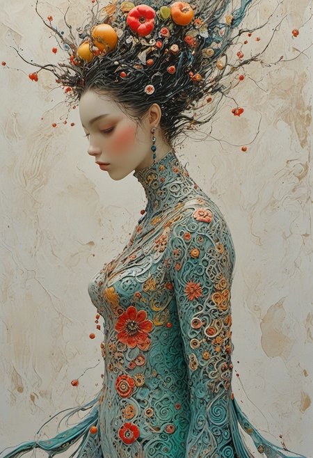 Create an image of a beautiful woman with a curvy body made entirely of smooth white porcelain, standing with her back to the viewer. Her porcelain body is richly decorated with intricate fruits patterns, etched and painted in soft, elegant tones.  The black hair, red accents, The composition includes  illusion of reflections and refractions,  Ethereal alien cybergoth fashion photography painting, in the style of teal and gold. in the background, tintricate stunning highly detailed, abstract, trippy, 60s style, op art, dark blues and blacks, swirling patterns, hypnotic, art by careening into peace.