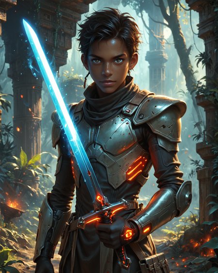score_9, score_8_up, score_7_up, intricate details, rating_questionable, fantasy setting,
<lora:homri52:1>,
<lora:Plasma_Sword:0.75>,
1boy(human, young man, black skin, african, nigerian, science fiction knight, holding a plasma sword, glowing red Plasma Sword, crackling red energy around the sword, solo, cowboy shot), alien battlefield, craters, trenches, detailed background, depth of field, 
best quality,
<lora:ral-chrosc-clr:0.5>, ral-chrosc-clr,
<lora:Expressive_H:0.5>
<lora:xl_more_art-full_v1:0.3>,
<lora:add-detail-xl:0.3>,