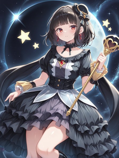 blunt bangs,moon of the closed heaven,1girl,star \(symbol\),solo,holding staff,staff,blush,looking at viewer,parted lips,collarbone,red earrings,black frilled choker,black mini hat,black princess dress,yellow wrist cuffs,space,black knee boots,
masterpiece,best quality,amazing quality,very aesthetic,apussbsurdres,newest,<lora:Moon of the Closed Heaven illuXL v1.1:0.72>,