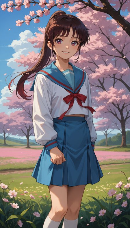score_9, score_8_up, score_7_up, source_anime, outdoors,cherry blossoms,standing,cowboy shot,smile, flower field, 
 <lora:Kyonko:0.8>, 
kk1, 1girl, ponytail, blue sailor collar, long sleeves,, serafuku, blue skirt,, red ribbon, long hair, socks,
