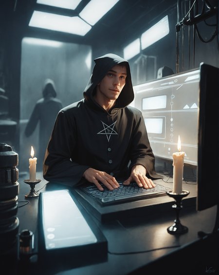 score_9, score_8_up, score_7_up, intricate details, rating_safe, science fiction, 
<lora:homri52:1>,
computer server, black magic, pentagram, black candles, depth of field, detailed background, dark room, at night, 
male cultist, black robe, hood, 
<lora:ral-chrosc-clr:0.3>, ral-chrosc-clr,
<lora:xl_more_art-full_v1:0.3>,
<lora:add-detail-xl:0.3>