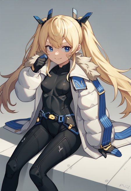 score_9, score_8_up, score_7_up, source_anime BREAK 1girl, <lora:laplace-nikke-richy-v1_pdxl:1> laplace, blonde hair, twintails, long hair, hair ornament, blue eyes, bandaid on face, black bodysuit, small breasts, white coat, fur trim, belt, black gloves, smile, sitting