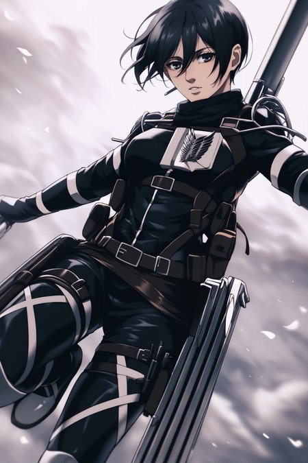 score_9, score_8_up, score_7_up, BREAK source_anime, <lora:adult mikasa ackerman-PonyXL-lora-faxtron:0.8> adult mikasa ackerman, black eyes, black hair, short hair, medium breasts, military uniform, armor, belt, thigh strap,
