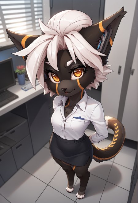 score_9, score_8_up, score_7_up, score_6_up, score_5_up, score_4_up, depth of field, bokeh, indoors, office, (from above:1.4) BREAK 
<lora:warning_fluffkevlar_ponyXL_v1.62_0.99:1.00> fkwarning, (shortstack:1.1), white hair, orange eyes, hair bun, black fur, furry, 1girl, solo, looking at viewer, full body, office lady, tail, long tail