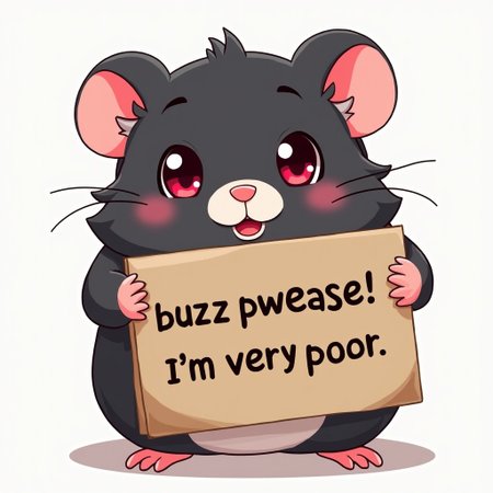 Hamster, Cute Hamster, Holding a sign that says 'buzz pwease! I'm very poor.' on the front, extremely cute black hamster with pink eyes, in anime art style, kawaii, detailed, looking at viewer