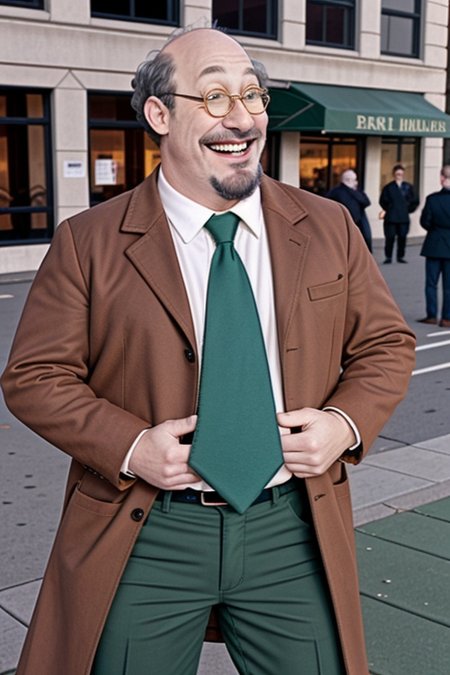 <lora:Dr_Werner_P_Lipschitz:0.75> dr_lipschitz, <lora:l_32:-0.45>, standing, brown coat, green tie, glasses, smile, outdoors, facial hair, green pants,<lora:LCM_SD15:1.0>