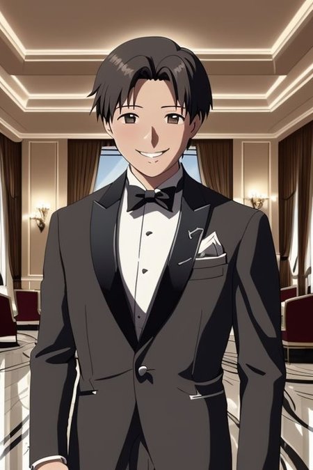 high resolution, solo, best quality, 1Boy, Takaki Toono, Brownish Hair, Brown Eyes, luxury hotel, Ballroom, tuxedo, smile, confident, OverallDetail