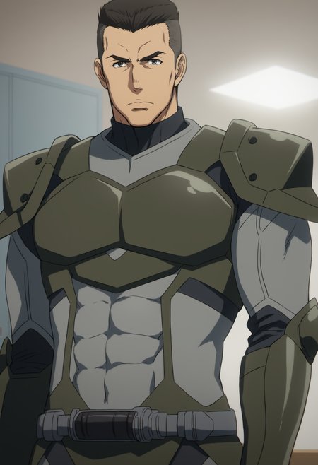 1boy, daisukeshinoyama_aico, armor, tight  cyber bodysuit, long sleeves, black hair, crew hair cut, abs,  veiny arms, manly, muscular,  stocky body, big muscle, score_7_up, score_6_up, score_8_up, score_9, looking at viewer, detailed eyes, 8k uhd, high quality , standing in garage, cabinet, table, close_up, arms at side,