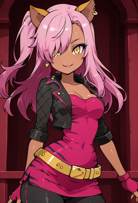 masterpiece, best quality, solo, curvy, beautiful eyes, narrow waist, wide hips, 1girl, solo, smile, looking at viewer, foreshortening, close up, anime screenshot,   
zzKuro, yellow eyes, pink hair, long hair, one side up, dark skin,
cat ears, tiger ears, hair over one eye, makeup, gloves, jewelry, jacket, fingerless gloves, piercing, earrings, animal print, ear piercing, pink dress, black pants, C0utur3Cr4z3,  cowboy shot, playful expression, looking at viewer,