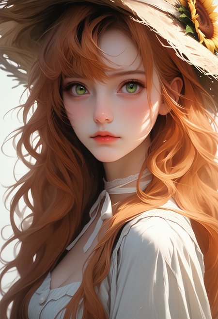 ASCII, photorealistic, OLED, score_9, score_8_up, score_7_up, score_6_up, 1girl, green eyes, copper hair, bangs, strands of hair falling over the face, long hair, straw hat with sunflower, ((close up, standing)), medium breasts, simple grey background <lora:SnowFoxeij-000006:0.4>, white ribbon choker, looking to viewer, cute face, blue dungarees, jeans dungaree