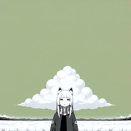 1girl, long hair, (short bangs, blunt bangs, forehead:1.4), eyebrow, fox ears, open coat, straight hair, checked scarf, small breasts, looking at viewer, (parted lips:1.2), (jitome:1.3)  ,
windy hair, lokking afar, looking up,
[realistic::0.1]
gray green background, (limited palette, flat color:1.2), negative space, margin, (sky background, huge cloud:1.4) , snow field
<lora:Margin-Pony:1>
score_9, score_8_up, score_7_up,score_6_up, best quality, hires,