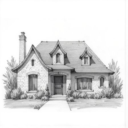 <lora:PencilSketch_Style - FLUX:1> pencil sketch style
architectural sketch of a french countryside style house, arched windows, stone walls, curvy roof, dormers, iron door, small oval window on the side, amazing landscaping,