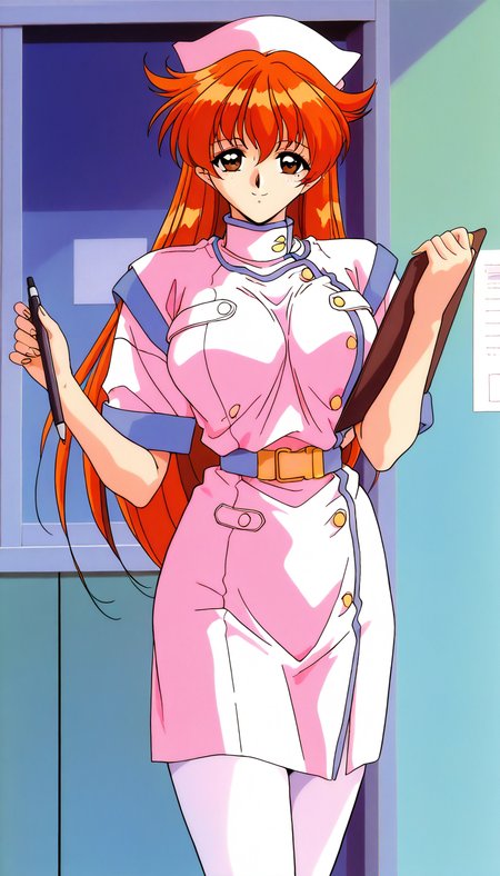 masterpiece, best quality, good quality, <lora:Nogiwa_Miho_OVA_IS:1>
Nogiwa_Miho_OVA, long hair, orange hair, bangs, brown eyes, large breasts, 1990s (style)
1girl, solo, nurse, hat, pantyhose, clipboard, nurse cap, smile, 
holding, looking at viewer, white pantyhose, belt, short sleeves,