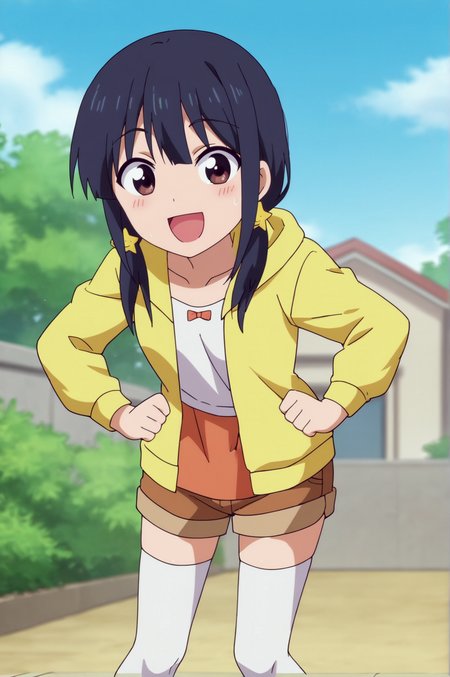 score_9, score_8_up, score_7_up,anime_source, source_anime, best background, detailed background, anime screencap,  Ruri Akutsu, outdoors, day, hood, hoodie, shorts, solo, white thighhighs, blush, happy, bent over, hands on hips, <lora:JN_Ruri_Akutsu:0.8>