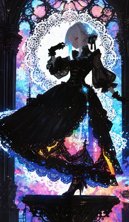 masterpiece, newest,absurdres,incredibly absurdres, best quality, amazing quality, very aesthetic, surreal, painterly,
1girl, solo, dynamic pose, twirling, arms outstretched, long white hair, intricate hairstyle, braid, hair ornament, ribbon in hair, ornate dress, layered dress, frills, lace, puff sleeves, corset, colorful dress, jewel accents, embroidery, sheer fabric, high heels, dramatic lighting, scenic background, fantasy setting, elegant, expressive
<lora:HassaKu_style:1>HassaKu_illu  <lora:XXX477:0.6> xxx667_illu, glowing,