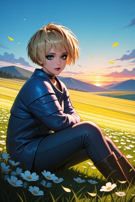 masterpiece, best quality, absurdres,
<lora:ILCyberMisty:0.8>
CyberMisty, 1girl, blonde hair, green eyes, makeup, looking at viewer, sitting, field, hill, blue sky, sunset, flower petals, wind