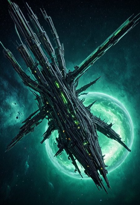 h0rr0rstyl3, CosmicStyle, galactic orbit, biomechanical starships, alien dreadnoughts, vast space fleet, deep-space perspective, sinister propulsion cores, organic hull plating fused with alloy skeletons, eerie green luminescence, eldritch-tech fusion design, hovering above a dying planet, hostile intent, colossal scale, pulsating engine chambers, venomous color palette, surreal war vessels, drifting in interstellar silence, atmospheric friction glow, ancient unknown technologies, cosmic horror aesthetic, spacecraft formation resembling occult geometry